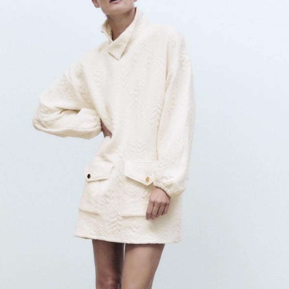Zara off white quilted long sleeve high neck short dress NWT